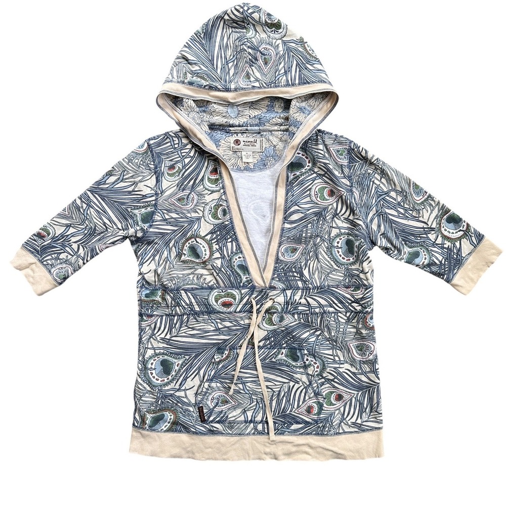 One World Peacock Print Hoodie Wmn XL Blue Cream Cotton Boho Pullover Excellent